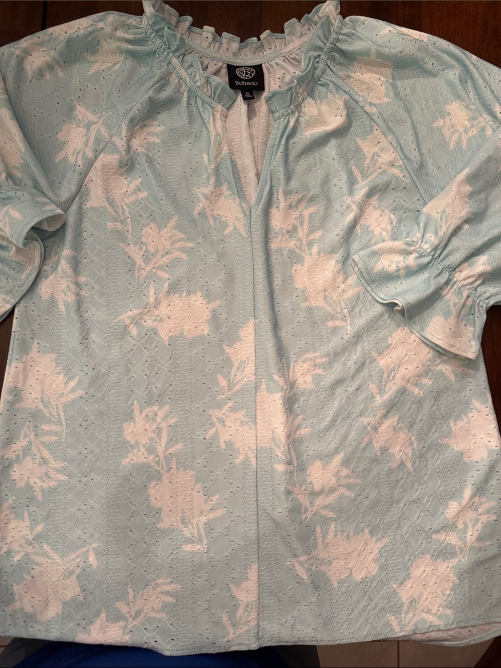Bobeau Aqua & White Eyelet Ruffle Blouse
